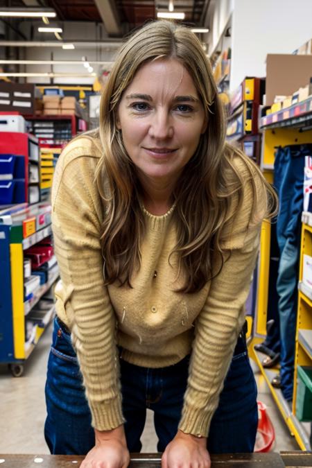 <lora:VC:1.0> masterpiece, best quality, detailed face, 1girl, realistic, solo, a 40 year old, mature,  v1873c, long_hair, blonde_hair, in a hardware shop, drills, mechanical, jumper, jeans