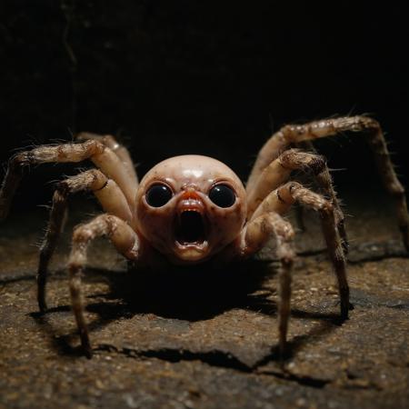 creepy, grotesque, baby-doll head, spider legs, spider body, crawling in dark dungeon