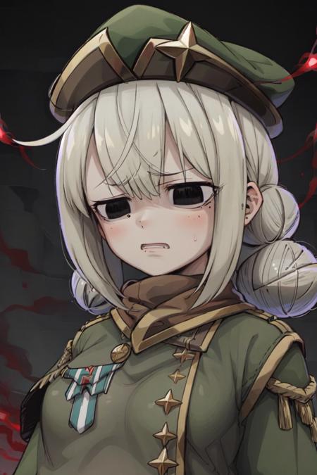 Araga Kiwi, 1girl, double bun, black eyes, <lora:Kiwi:1>, green uniform, medals, green hat, upper body, serious, angry, power aura, evil, red aura, evil aura, black lightning, dark background, face focus, furious