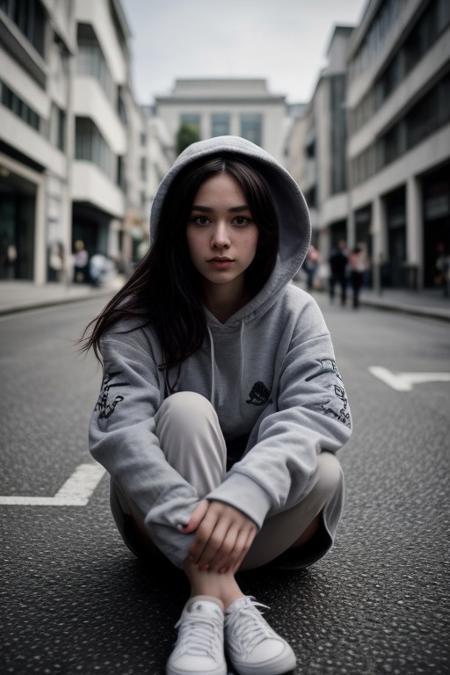masterpiece, best quality, amazing quality, very aesthetic, absurdres, newest,<lora:HaranikalaXLP:1.2>,<lora:69yottea_illu:1>,clothes writing,dragon_embroidered,from side,69yotte4_style,1girl,solo,pale skin,long hair,detailed hands,harajuku rabbit ear jacket,cross rabbit ears, hoodie, hood up, rabbit ears, detailed fingers,floating hair, sitting, looking at viewer,text on clothes, long sleeves, grey eyes,tokkoufuku,bosozoku,clothes writing,outdoors, white footwear, shoes, grey hair, blurry, white shirt, wind,scenery view,8k,intricate details,dutch angle,fisheye,from below,
, <lora:b4pes4:1>,sneakers,