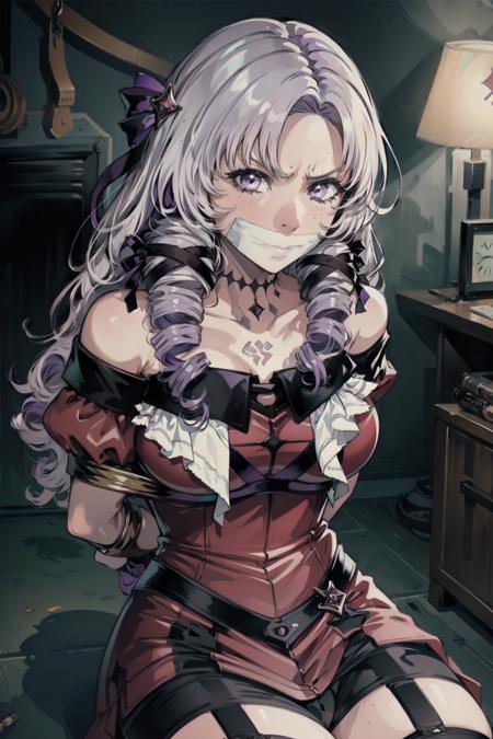 masterpiece, high quality cg, anime, illustration, best quality, 1girl, solo, indoors, fully body, bound, bondage, (bound arms:1.2), rope, tape, arms behind back, looking at viewer, close-up, wide-eyed, angry, glaring, plaster, hmsalome, purple hair, drill hair, parted bangs, black hairband, ribbon, purple eyes, large breasts, tattoo, red dress, long sleeves, bare shoulders, <lora:plaster_v1-000007:1.0>  <lora:hyakumantenbara_salome_v1:1.2>