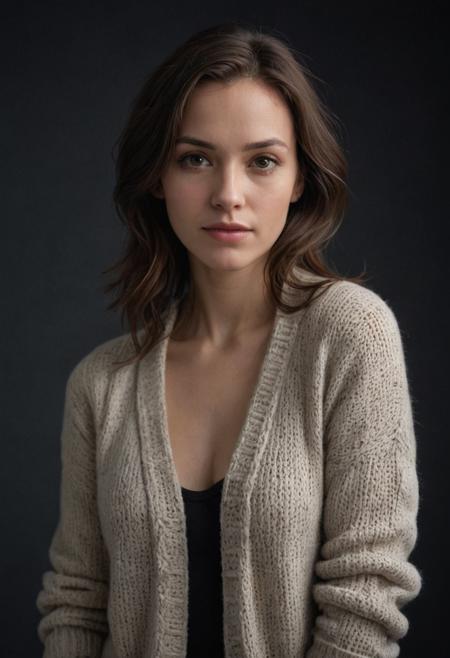 centered, portrait photo of 30 y.o woman, open jacket, sweater, natural skin, dark shot