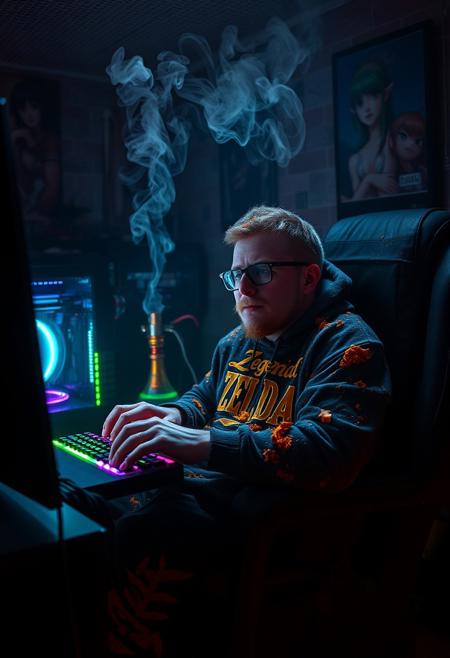 In the dark, foul-smelling basement of his mom's house, thick smoke from a hookah coils through the air, lingering near the ceiling and filling the room with a murky haze. A skinny, pale guy about 25 years old with a patchy facial hair, absolutely caked with snack crumbs, slouches in his creaky, sweat-stained chair. His "Legend of Zelda" hoodie speckled with chips, crumbs, and grease stains, like he’s wearing the aftermath of every snack binge he’s had this week.  he hammers away at an RGB keyboard, his fingers orange from nonstop Cheetos action, while his custom gaming pc glows in rainbow colors. His smudged glasses constantly slip down his face, barely holding on as he clicks through another mind-numbing gaming session. Posters of anime girls,  plaster the grimy walls, unopened collector's figurines stacked beside them like dusty relics of a life he's never gonna have.