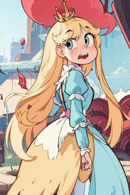 (masterpiece, best quality, high resolution:1.4), 1girl, woman, star butterfly, princess dress, crown ,angry, looking at viewer, <lora:StarButterfly_v1.1:1>