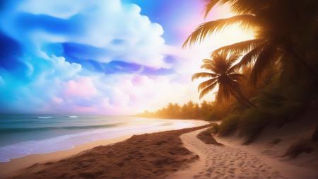 Dreamscape Fantastic beach, pathway winding through the sand, palm trees, horizon chaotic clouds, psychedelic night sky full of stars, beautiful, magnificent color matching, cinematic, volumetric clouds, realistic painting, concept art, trending on art-station, ultra-HD, 8K . Surreal, ethereal, dreamy, mysterious, fantasy, highly detailed