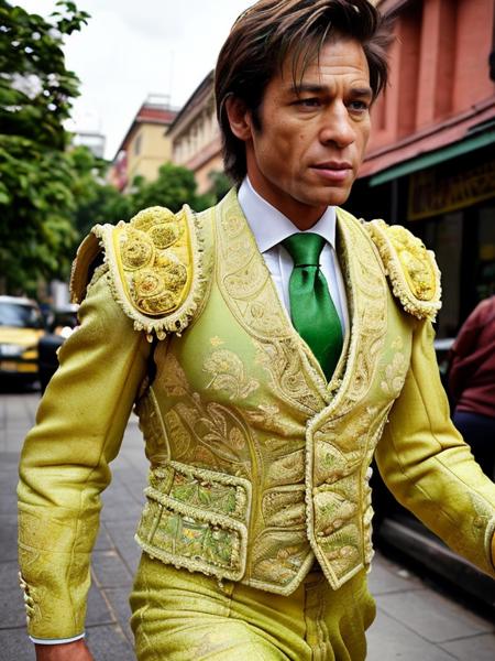 tr4j3, front view, a shapely  attractive, fair-skinned woman wearing green and gold traje de luces, jacket vest, pants, black tie, walking down the street, detailed face, full bust <lora:tr4j3_v2-000004:1>