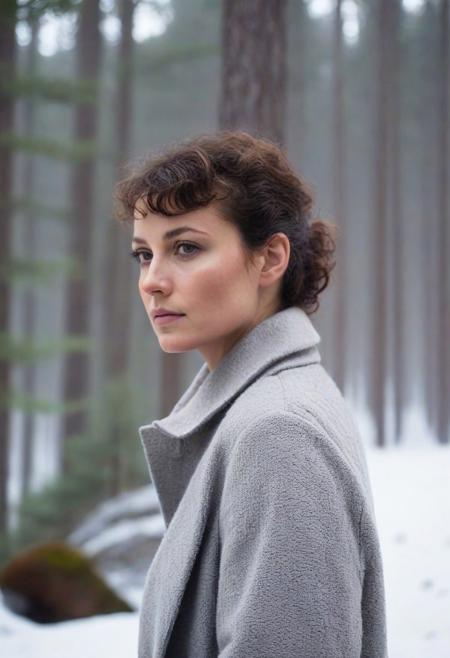 full body portrait, closeup, looking over shoulder, visible breath, 30 year old woman, brunette, short curly ponytail, (cheek and nose redness) ,natural skin, blemishes, looking away, full lips, brown eyes,, forest, mist, winter, snowing, freezing (cinematic, film grain:1.1, bokeh), gray coat, white shirt, wool hat, sunset,