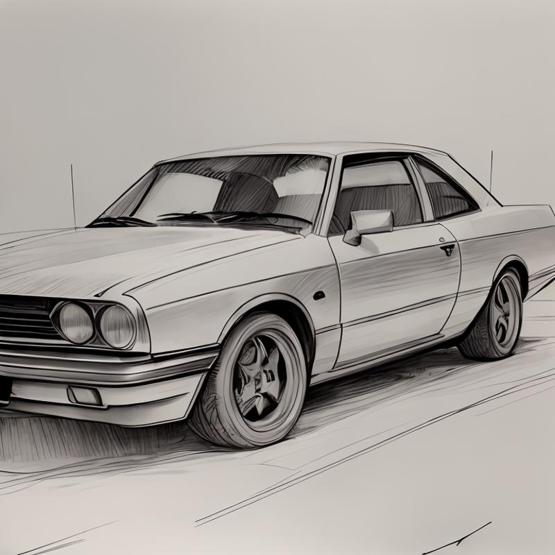 A white car with a black interior is drawn on a white background.