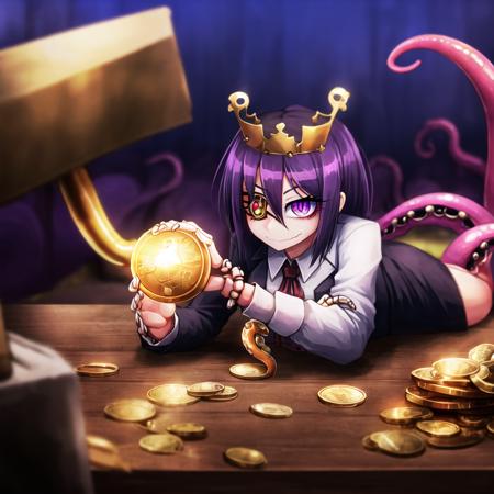 (ageha with top hat), (rich, black suit, business suit, sharply dressed), treasures, shiny gems, monstergirl, by Ray-kbys, (unusual eye, asymmetrical eyes, extra pupils, extra arms, tentacle arm, skeletal arm:1.4), purple hair, lots of coins, capitalism ho, magnate ageha, robber baron, gilded age, smug, greedy, superiority, victorian rich person, absurdres, (treasure pile background:1.5), 1girl, ruby