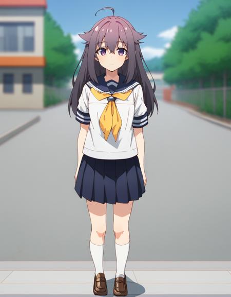 anko koshi, long hair, hair flaps, ahoge, hair between eyes, purple eyes school uniform, serafuku, blue sailor collar, grey sweater, long sleeves, yellow neckerchief, pleated skirt, white socks, loafers school uniform summer, serafuku, blue sailor collar, white shirt, short sleeves, yellow neckerchief, pleated skirt, white socks, loafers school uniform middle, white collared shirt, red neck ribbon, long sleeves, blue pinafore dress, white socks, loafers