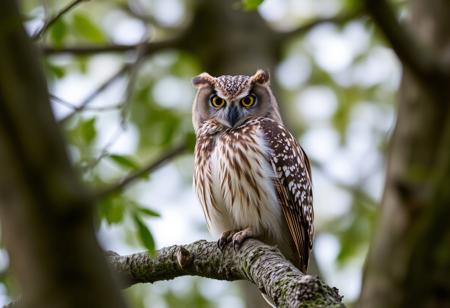 Owl is sittin on a tree and is judging you with its eyes.