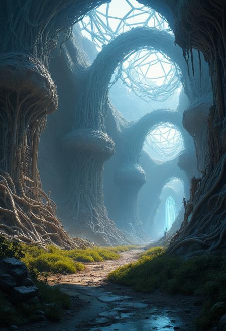 steel-vine monastery with nanite-swarm light sources, Industrial carbon-fiber grids, diamond-ice galleries in crystal-mesa badlands, Psionic mind-hive hives style,Landscape Biomechanical Baroque, atmospheric effects