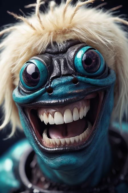 portrait of a beetle monster, human smile, human teeth,galaxy eyes, lips, blonde fur on head