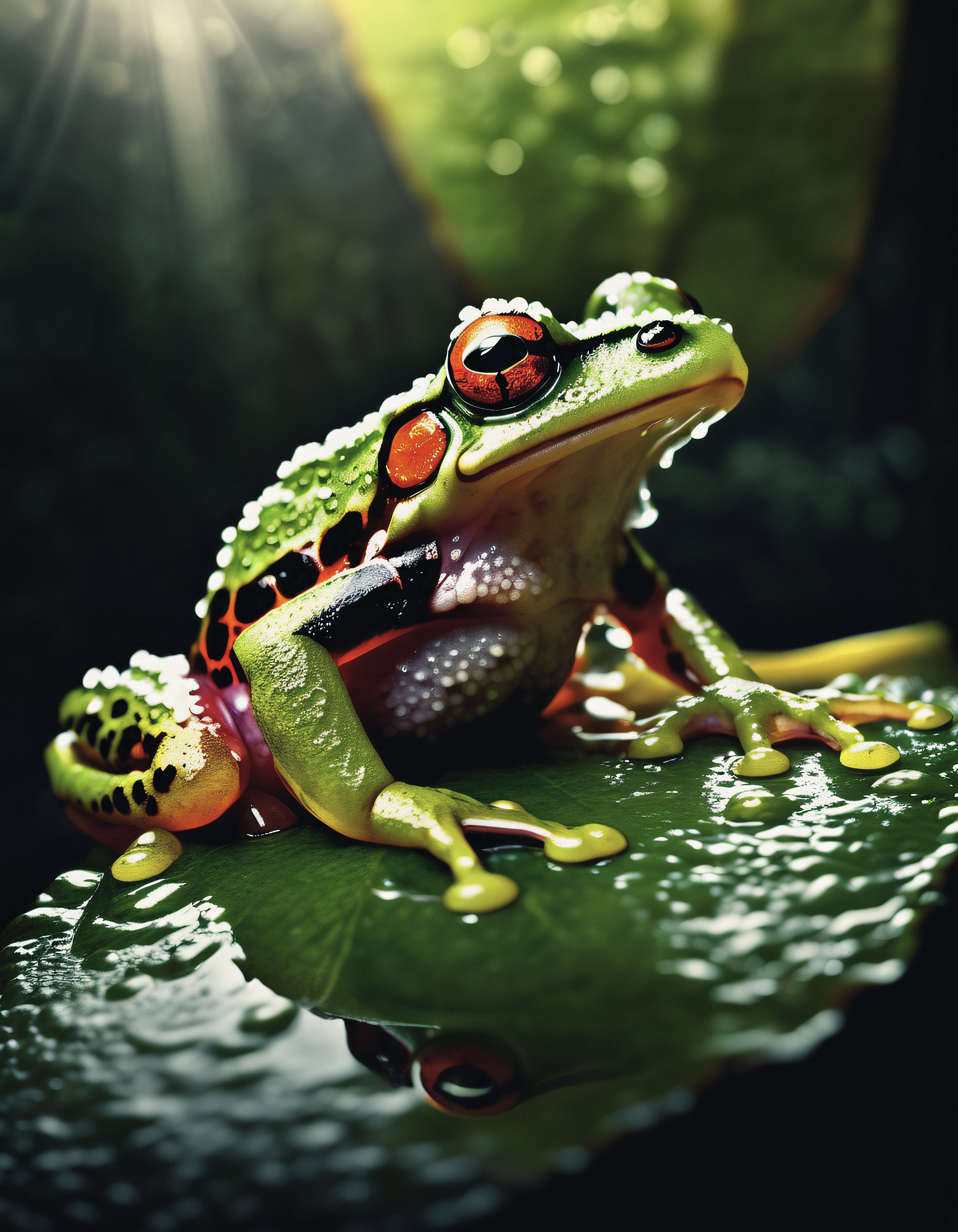 A green and red frog with yellow spots sits on a leaf.