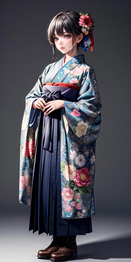  furisode, jyojifuku, hakama, floral print, hair ornament boots