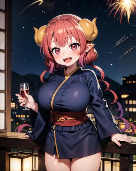 masterpiece, high quality,best quality,
<lora:ilulu-01:1>,fang, skin fang,ilulu \(maidragon\),huge breasts, 
ilulu, 1girl, solo, blush, smile, open mouth, large breasts, long sleeves, :d, outdoors, japanese clothes, sky, teeth, kimono, sash, night, low twintails, upper teeth only, obi, floral print, sharp teeth, star (sky), night sky, starry sky, yukata, print kimono, purple kimono, fireworks, shortstack