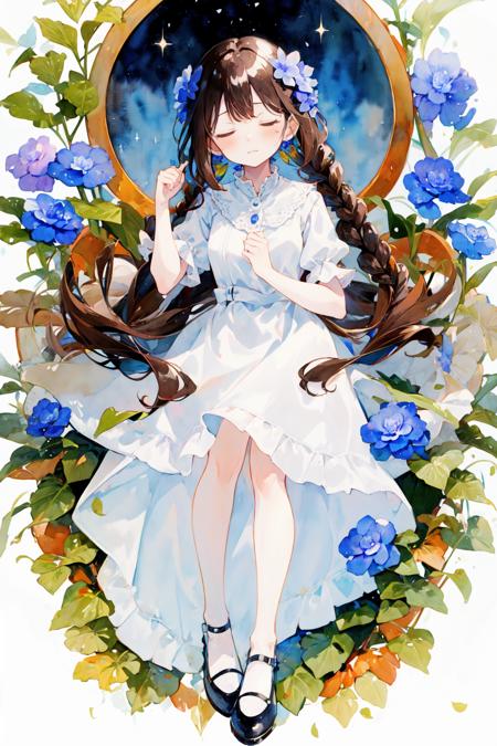 -watercolor, 1girl, solo, flower, dress, long hair, closed eyes, hair ornament, hair flower, white background, braid, white dress, blue flower, simple background, twin braids, full body, frills, shoes, brown hair, puffy sleeves, black footwear, bangs, closed mouth, short sleeves <lora:watercolor_20230906151716-000018:0.8>