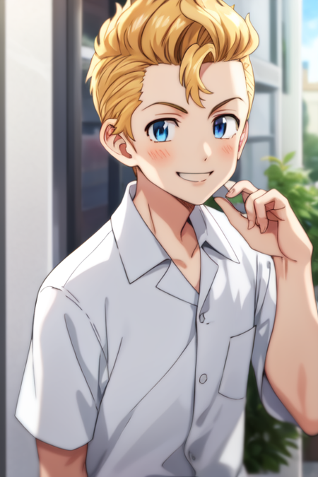 1boy,solo,male focus,takemichi,blonde hair,short hair,blue eyes,shirt,smile,upper body,school,