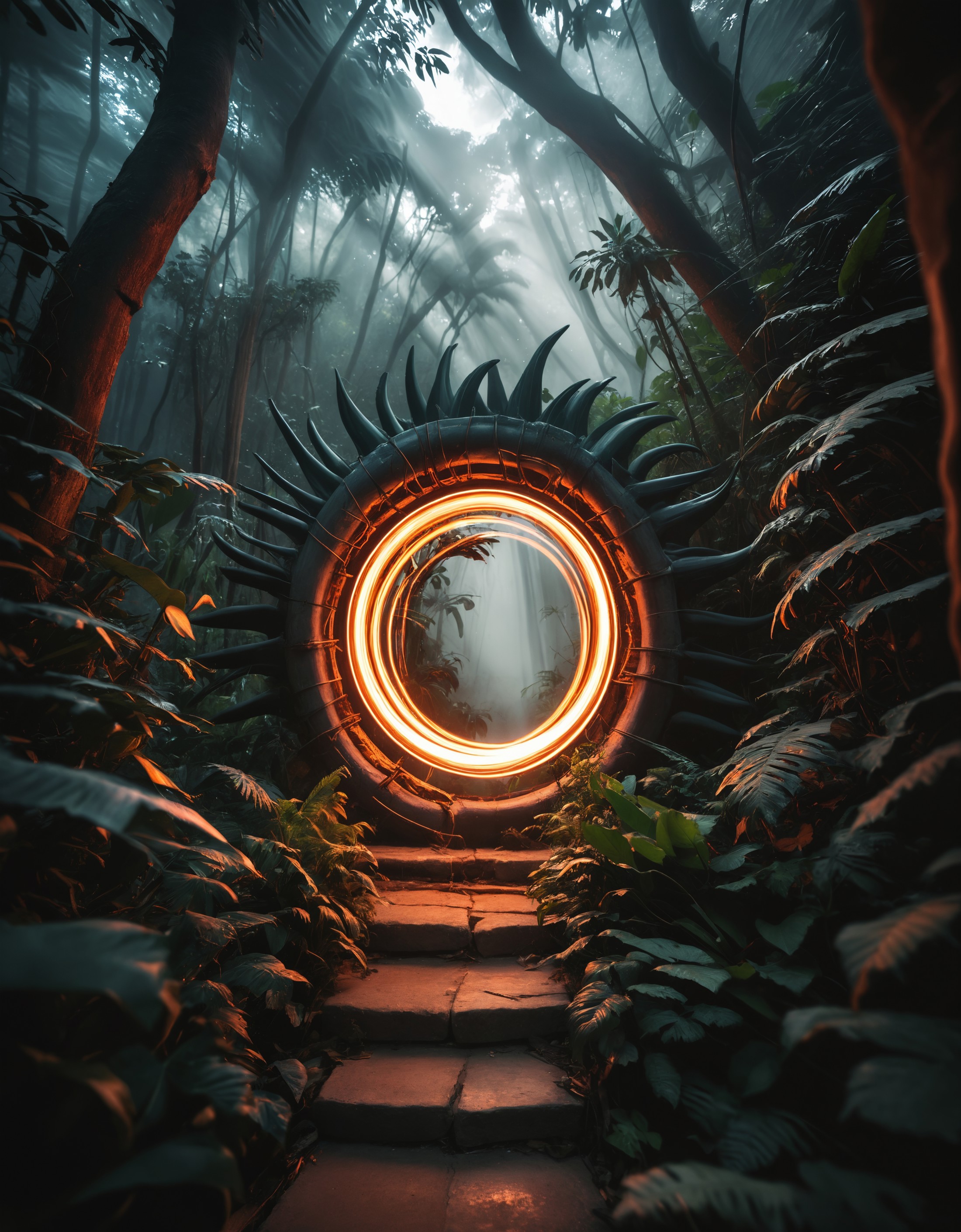 award winning photo of a demonic portal in the jungle, light trails, multiple colors, zavy-lghttrl, atmospheric haze, dyna...