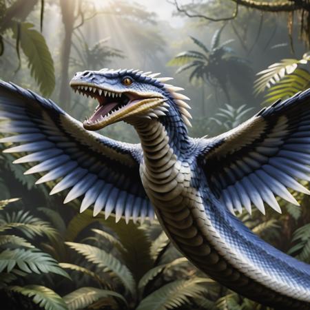 highly detailed portrait photo of a (vringalu):1.2 flying above a dense jungle,

vrinaglue, wings, feathers, teeth, sharp teeth, fangs, snake body,

through a lush jungle,

depth of field:1.2, blurry, blurry background,
realistic:1.3,

photorealistic,
fantasy, cinematic,
32k, best quality, 
god rays:1.2,
dappled sunlight:1.1,




