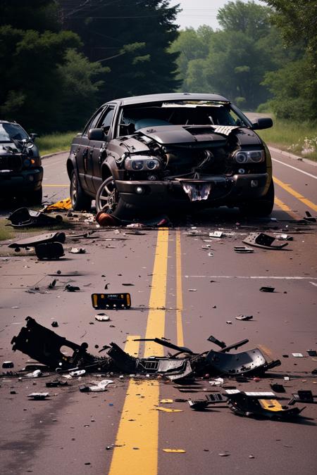 A crushed bumper and twisted metal bear witness to the force of impact, illustrating the unforgiving reality of the collision in a close-up shot:1.5, crushed bumper:1.2, twisted metal:1.2, force of impact:1.1, illustrating:1.1, unforgiving reality:1.1, collision:1.0, close-up shot:1.1. , RoadWreck_Simulator