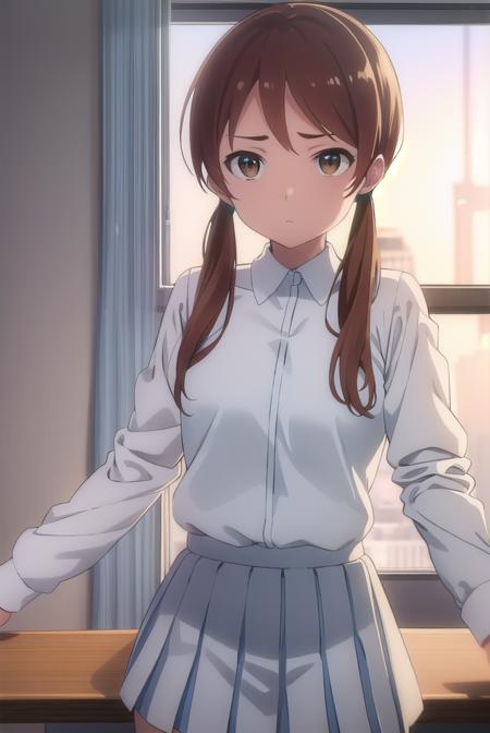 himaritakanashi, <lora:himari takanashi s1-lora-nochekaiser:1>,
himari takanashi, brown hair, twintails, (brown eyes:1.3), low twintails,
BREAK skirt, shirt, school uniform, white shirt, pleated skirt, brown skirt,
BREAK indoors, classroom,
BREAK looking at viewer, (cowboy shot:1.5),
BREAK <lyco:GoodHands-beta2:1>, (masterpiece:1.2), best quality, high resolution, unity 8k wallpaper, (illustration:0.8), (beautiful detailed eyes:1.6), extremely detailed face, perfect lighting, extremely detailed CG, (perfect hands, perfect anatomy),