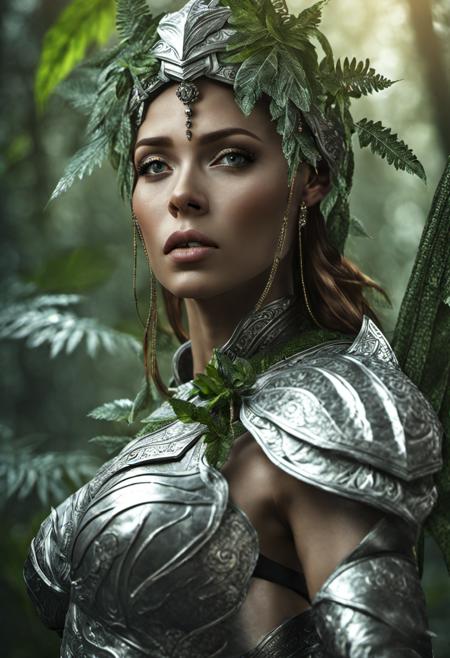 a  woman warrior wearing  silver technological armour walking in a jungle,  beautiful face, fit body, glowing sword, green jungle full of trees and ferns and flowers, dust, surrounded by dark monsters will glowing eyes, dramatic lighting by fantasywoman6-200, masterpiece, 8k, highly detailed, ultra realistic, artstation