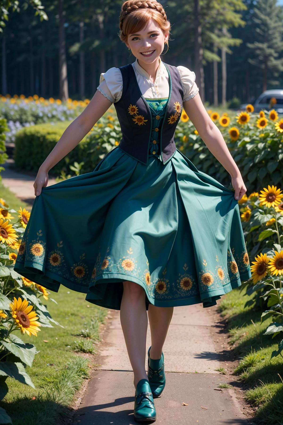 A woman in a green dress with sunflowers on it walking down a path.