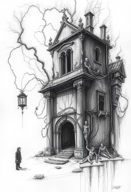 Eerie, creepy atmosphere hand-drawn sketch depicting the end of a building: surreal, emotive, intricate textures, dreamlike figures, fantasy symbolism, rich moody colors, layered composition, otherworldly atmosphere, themes of identity and transformation, subconscious exploration, rough lines, textured pencil strokes, white background, dark tones, unsettling details.