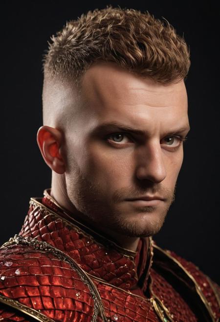 flaccid mowhawk, undercuthaircut, Photorealistic oil painting of (Handsome:1.1) (Polish) (Irish) (Slavic) (bright sapphire eyes) (half-dragon warrior-prince:1.2) with (intricate metallic red brass scales seamlessly melded into arm and neck:0.9), 28-year-old, (darkblonde undercut short hair:1.1), (medieval fantasy clothing:1.2), grimdark fantasy, (medieval) fantasy, high fantasy, epic fantasy, (upper body:1.3) (medium shot:1.3) taken with (fujifilm xt3:1.1), film grain, dark style, raking light dramatic hard shadows, (dramatic lighting:0.9), material contrast, cinematic composition, intricate details, masterpiece, visually stunning, evocative, vivid deep hues, brass, red Crystal, (body transformation:1.2), <dhevv:ds-style:rsd1.5>, realistic eyes, scaleborn, scales, undercut, royal, red armor, symmetrical armor, flaccid short mohawk, large nose, wide nose, wide nosebridge, tallnose, dour expression, full beard