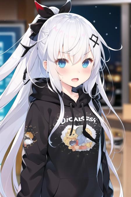 (extremely detailed CG unity 8k wallpaper),(((masterpiece))), (((best quality))), ((ultra-detailed)),(best shadow), ((an extremely delicate and beautiful)),(best illustration),1girl,solo, long hair hood,high ponytail, open mouth,blush, white hair, hoodie,  long sleeves, hood down,black hoodie, blurry, upper body, bangs, hair ornament, drawstring, very long hair, clothes writing, v-shaped eyebrows