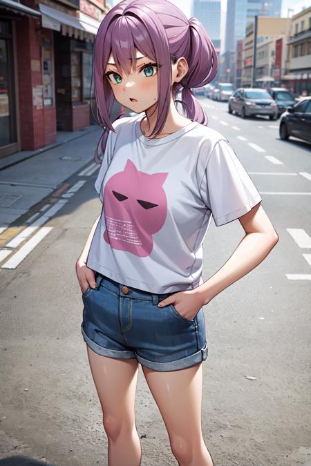 masterpiece, best quality, absurdres, perfect anatomy, 1girl, solo, Sakura Ritsuki, long hair, low twintails, graphic tee, denim shorts, standing, outdoors, city, hands in pockets