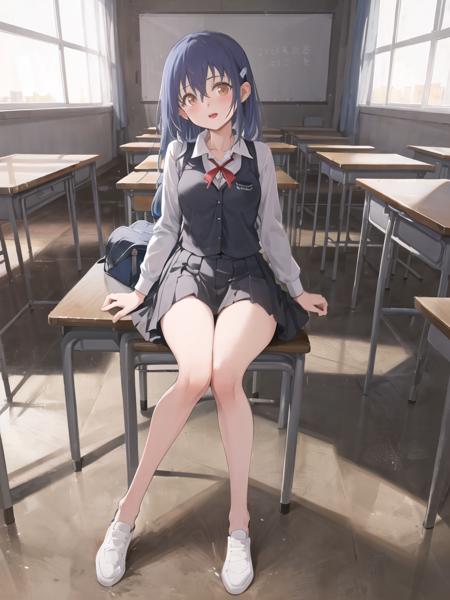 absurdres,(solo:1.4),1girl,suzu_chan,brown eyes,<lora:Kaede_to_Suzu:0.8>,
sitting on school desk,open mouth,happy,school uniform,
(classroom,school desk,school bag, curtains,window, pencil,chalkboard),