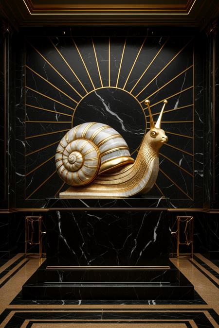 A majestic Art Deco interior featuring a monumental marble sculpture of a snail on a black marble pedestal. The snail is intricately detailed with sharp, clean golden lines forming a dense geometric grid on its body and bold concentric arcs on the shell. The background wall features a dramatic sunburst pattern in gold over dark blue marble, evoking the grandeur of a 1930s train station lobby. The atmosphere radiates opulent futurism, blending natural elegance with mechanical symbolism. Strong contrast between cold grayish marble and luminous gilded accents, perfect symmetry and theatrical lighting, The background is cool-toned gray marble, with radiant sunburst lines behind the figure. Every surface shimmers with polished metal and black stone, exuding futuristic optimism as envisioned in the opulent age of the Roaring 20s. The darkest blacks contrast with the most brilliant gold, surrounded by geometric architecture, mechanical motifs, and heroic grandeur. Elegant lighting enhances the drama. Inspired by heroic propaganda murals and luxurious train stations.