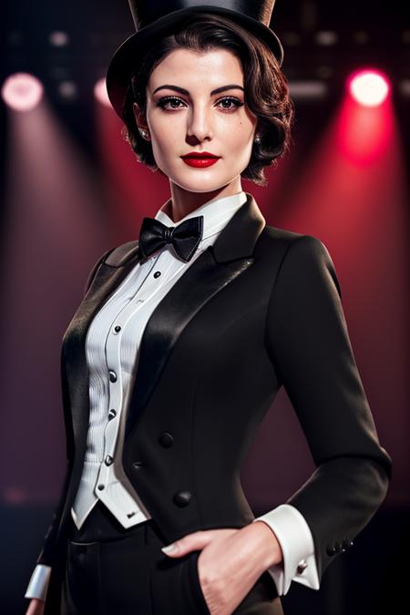 photo of a woman, juliab, ((wearing a tuxedo jacket, shirt, bowtie, top hat, short hair):1.1), ((closeup, portrait)),((on stage, spotlights):1.2), ((red lipstick, makeup)), (smile), ((best quality, masterpiece, extreme details, high resolution):1.2),((detailed eyes, beautiful eyes, detailed face, beautiful face):1.2)