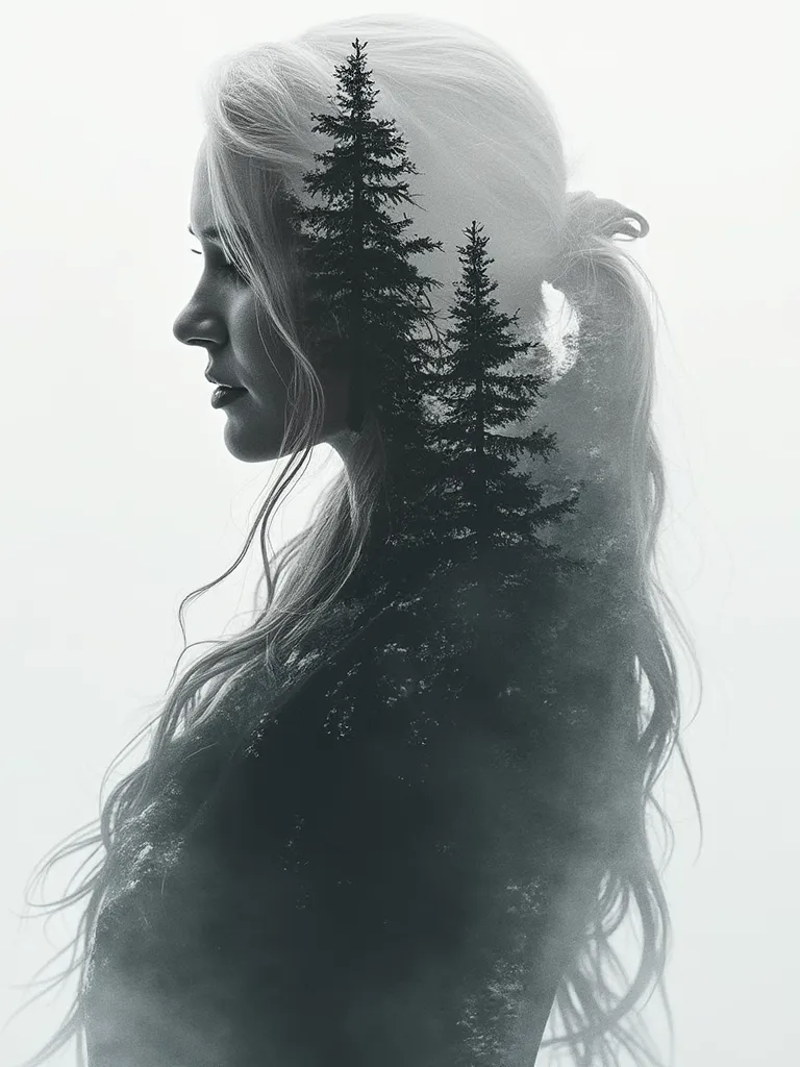 Silhouette of a Nordic queen filled with a forest , double exposure, crisp lines, monochrome background