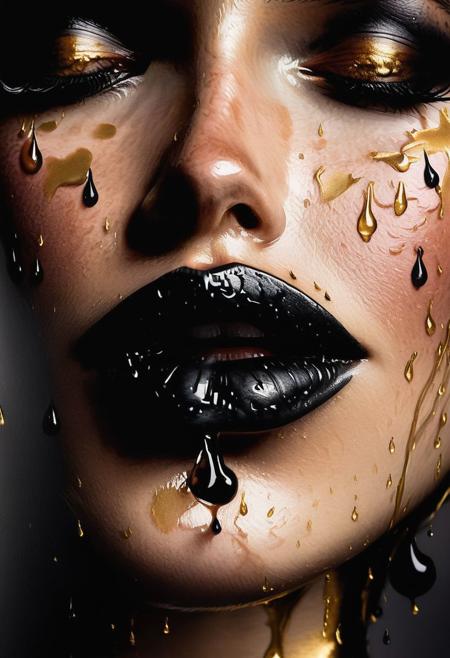 RAW profile photo, close-up, dark atmosphere, crying with tears made of gold, masterpiece, cinematic film still of a blonde beautiful woman, detailed skin, freckles ,eyeliner, dark lipstick, black lace turtleneck dress, tack sharp focus on eyes, Sensual, lustful, seductive,  intricate, ultra detailed, 8k, <lora:MS_DitavT_V1_32:0.6>