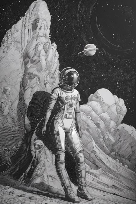 Woman astronaut on an alien planet, space helmet, black and white engraving