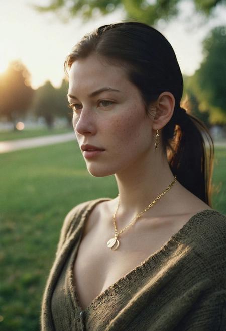 Grainy lowfi desaturated film photograph taken in a city park at dusk. Heavy Bokeh effect with focus on her green eyes, blurry background. A pretty young woman of northern Italian heritage wraps her brown cardigan around her bare shoulders. Goosebumps on a bare exposed shoulder. She wears the cardigan over a little summer sun dress and is chilly as the cool wind blows loose stands off her long black hair in her eyes. Tight ponytail. Delicate gold chain necklace. She resembles Liv Tyler. The setting sun casts soft light into her eyes. Full soft cheeks and softer jawline, soft face with the lightest freckles.
