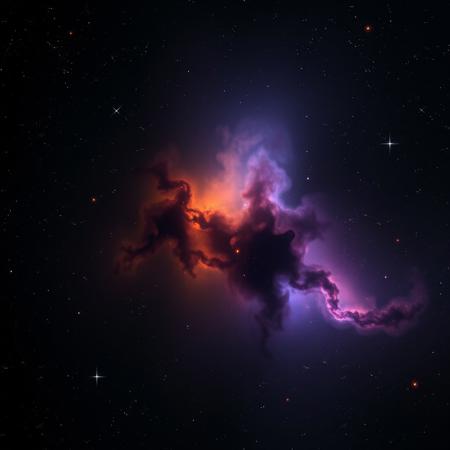 photorealistic dark translucent cosmic nebula in hues of black, blue, orange, and purple, and with 6 diffraction lines on stars
