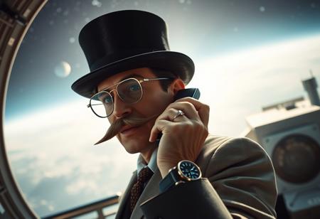 A rich person with a monocle, a moustache and a top hat, is staning on a space station. 1950s style. The person has a hologram watch, wich he is taking a phone call with. The monocle has only one glass.
