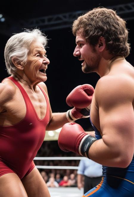Act as a sports commentator covering an exhibition wrestling match between a youthful, energetic young man and a wily, spirited elderly woman. Provide a detailed account of the match by describing the contrasting styles of the competitors, highlighting the young man's strength and agility against the old lady's experience and cunning tactics. Capture the excitement and unpredictability of the event, emphasizing the dynamic interactions between the two wrestlers as they grapple in a friendly yet competitive manner. Include colorful commentary on the techniques used, the crowd's reactions, and the surprising turns of events throughout the match.