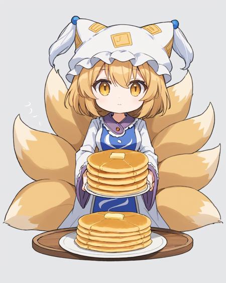 yakumo ran,1girl, solo, hat, fox_tail, white_background, multiple_tails, pillow_hat, long_sleeves, wide_sleeves, holding_fork, simple_background, white_dress, white_headwear, tabard, closed_mouth, holding_knife, butter, plate, pancake_stack, signature, tassel, chibi, frills
<lora:yakumo_ran_image6380_2023-12-20-000004:1>,star-shaped_pupils,symbol-shaped_pupils,. gorgeous,key visual, vibrant, studio anime,award-winning, professional, highly detailed,high budget, cinemascope