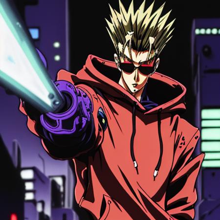 Trigun anime character <lora:Trigun:1>, (weared hoody:1.3), with glasses, in neon town cyberpunk