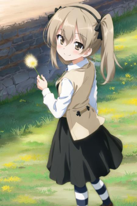 <lora:shimada_arisu:0.7>,  shimada arisu, 1girl, one side up, brown eyes, smile, striped, pantyhose, mary janes, skirt, from behind, looking back, grass