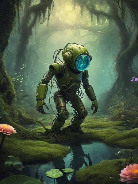 illustration-style picture of a biomechanical entity. The entity is a fusion of technology and nature, with a helmet that resembles a diving suit, its surface covered in verdant moss, handing a flower to viewer, twisting vines, and bright, exotic flowers. Its arms are heavy and robotic, adorned with peaceful symbols and patterns. The backdrop is an enchanted swamp, filled with a mystical fog, gnarly trees, and a spectrum of swamp flora. Fireflies dot the air with their luminescent glow. The illustration should have a whimsical and fantastical feel, with vibrant colors and a hand-drawn quality that emphasizes the enchanting aspects of the scene and the organic-meets-mechanical theme.