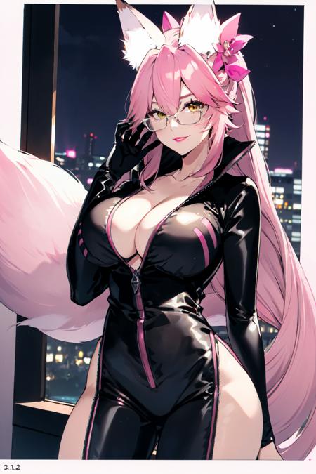 (AS-Adult:1.2), 1girl, solo, masterpiece, best quality, koyanskaya \(fate\):0.95, (huge breasts:1.15), yellow eyes:1.5, seductive smile:1.2, (absurdly long hair:1.4),  glasses, pink hair:1, , (mature female:1.2), (red lips:1.2), seductive expression, (night time, night:1.5), lights off, (fox ears:1.2), animal ears, ((pink fox ears:1.4)),  seductive smile:1.2,  (slim waist:1.2), (pink fox tail:1), contrapposto,  hair between eyes,  (pink fox tail:1.5), 1, curvy,  nice hands, perfect hands, <lora:GoodHands-beta2:1.0>, <lora:Koyan-dama-2:0.6>, koyan-la1, black bodysuit, cleavage:1, partially unzipped, red lips:1, hip vents