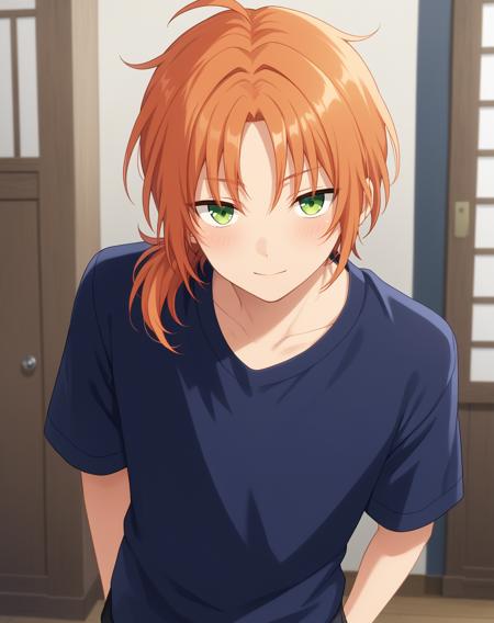 tsukinaga_leo_pony, orange hair, green eyes, medium hair, ponytail,