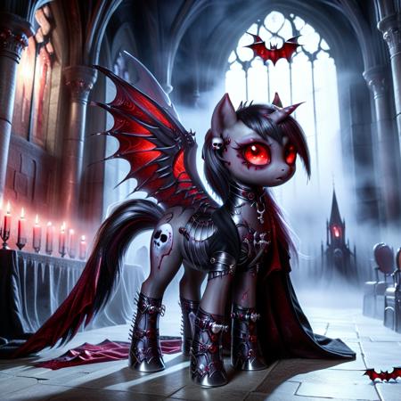 Horror-themed  <lora:Dark-Cute-Ponies:1> drkpny, <lora:420Futurism:0.7> 420futurism, cute futuristic pony, ultra-realistic, full-body shot of a vampiric pony, sleek obsidian-black coat shimmering under the crimson moonlight, glowing blood-red eyes piercing the darkness, elegant bat-like wings with intricate veins pulsing with eldritch energy, standing in the grand halls of a haunted vampiric castle, towering gothic spires reaching into the stormy midnight sky, ancient stone walls covered in arcane symbols glowing faintly, eerie candlelight flickering across deep velvet drapes, masterpiece, highly detailed, ultra resolution, soft mist swirling around hooves, massive stained-glass windows depicting forgotten vampiric deities, spectral figures lurking in the shadows, looking directly at the viewer, intricate silver-plated armor reflecting the dim torchlight, deep cinematic lighting enhancing the ghostly atmosphere. . Eerie, unsettling, dark, spooky, suspenseful, grim, highly detailed