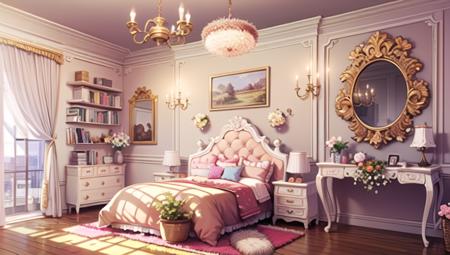 Bare thigh,extremely detailed CG unity 8k wallpaper,illustration,lens 135mm,masterpiece, best quality, no humans, scenery, window, lamp, indoors, bed, book, wooden floor, curtains, clock, bookshelf, chair, bedroom, table, carpet, rug, pillow, painting (object), door, fruit, plant, food, sunlight<lora:room:1>